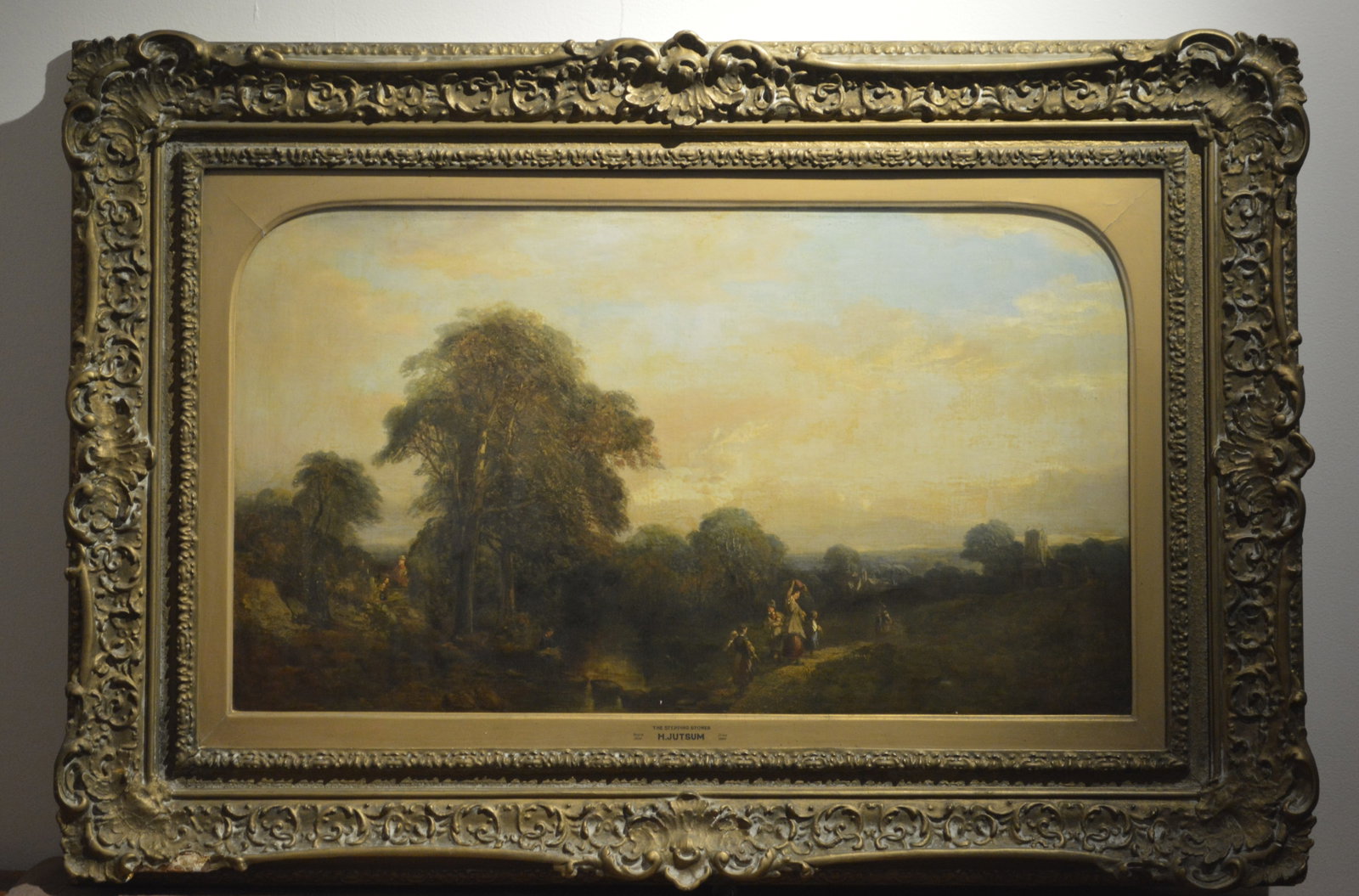 Henry Jutsum (1816-1869) "Stepping Stones" Oil on canvas: Henry Jutsum (1816-1869) "Stepping Stones". Oil on canvas. Country landscape of boy walking across stepping stones. Jutsum was born in London and educated in Devonshire. There he acquired a taste for 