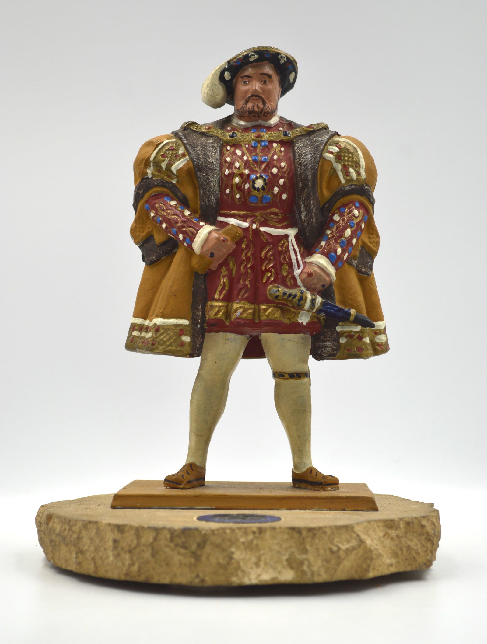 Henry VIII Cold Painted Bronze: Title: Henry VIII Materials: Bronze cold painted statue History: Stone Base on from the original British parliament building Measures: 8 inches high by 6.5 inches wide