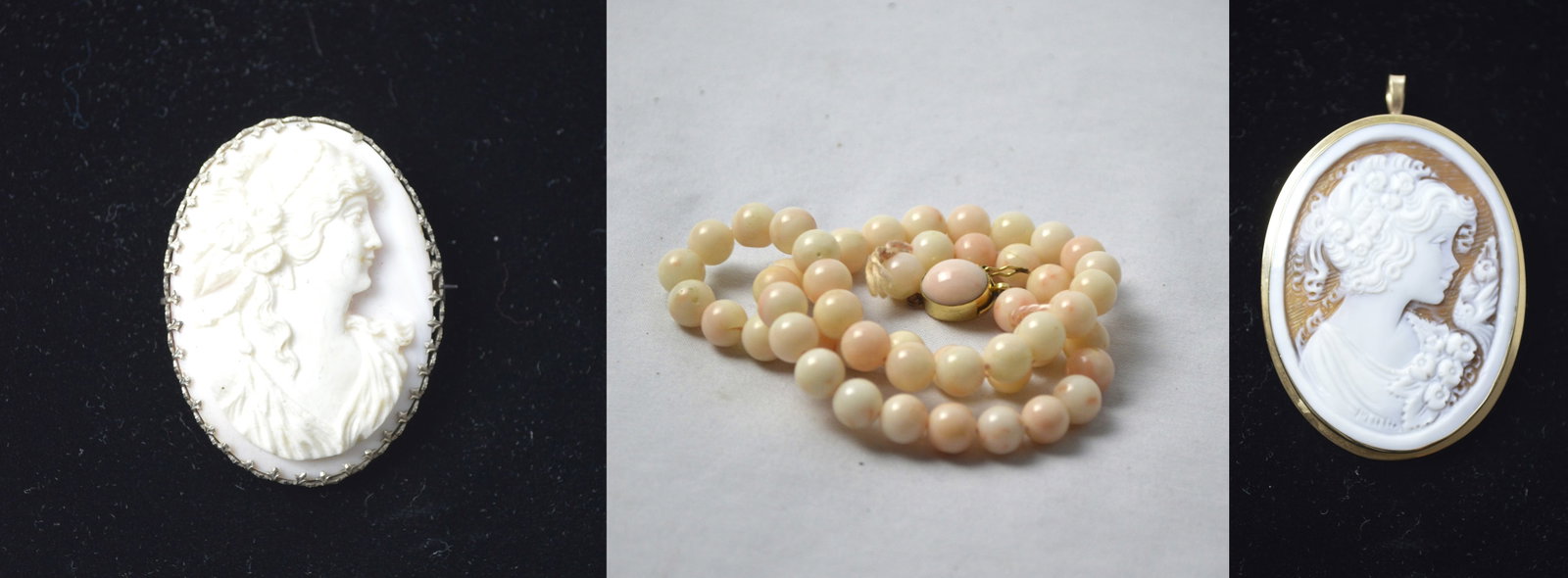 Two Cameos with Gold and Silver and a White Coral Necklace: Two cameos: one is 9ct gold and other sterling silver. The white coral necklace has a gold clasp. The necklace measures: 18 inches in length