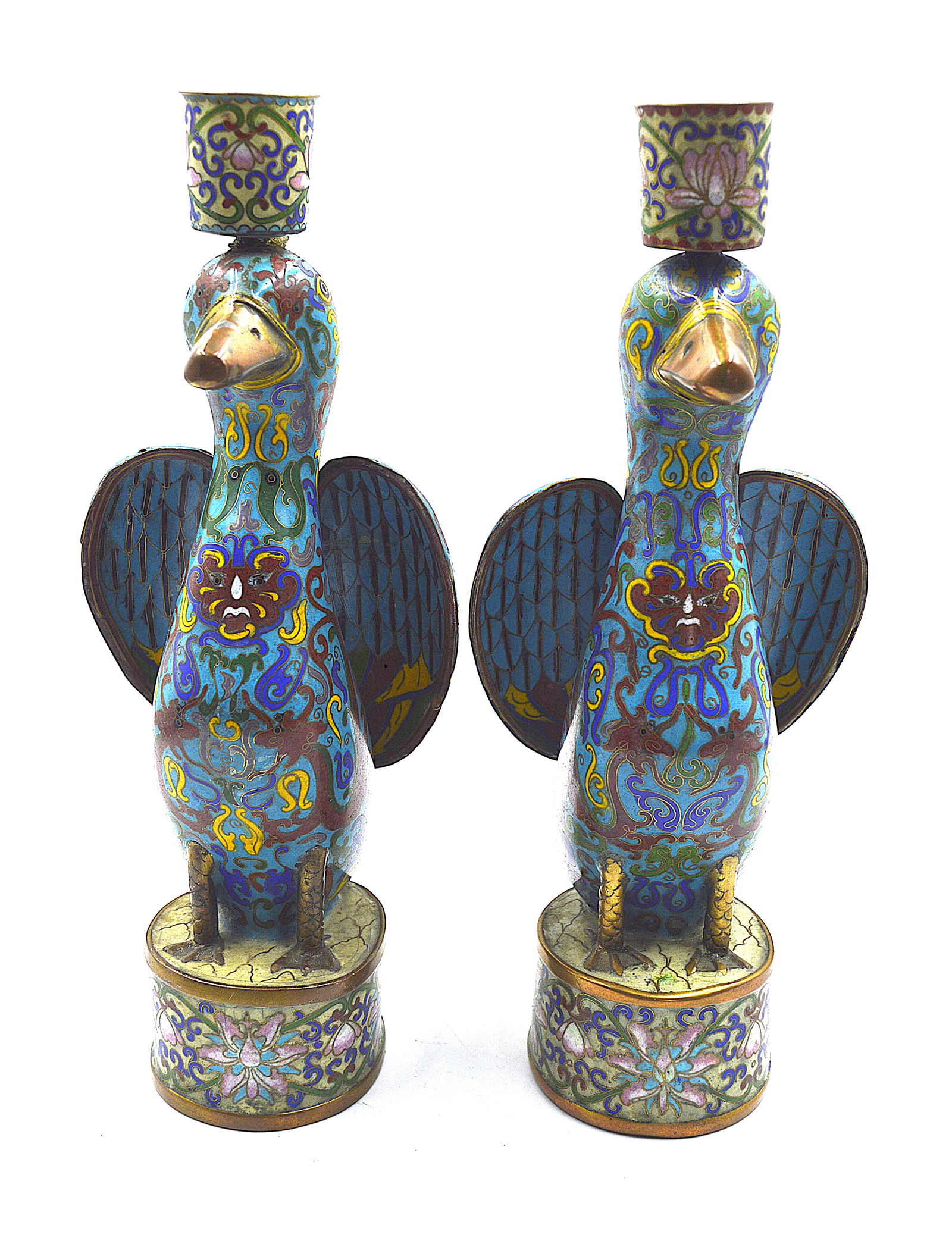Pair of Chinese Cloisonne Candlestick Holders: Pair of Chinese cloisonne candlestick holders. Measures: 7 inches high