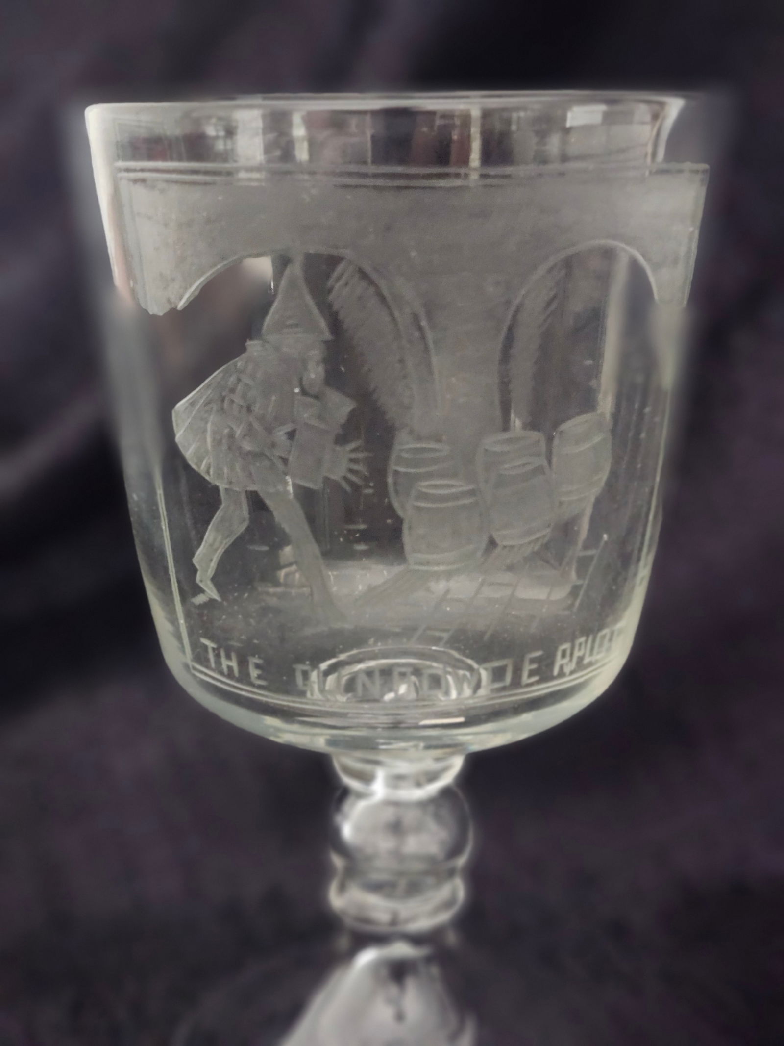 Five Early Air Twist Glasses and a Gunpowder Plot Engraved Glass: Five Early Air Twist Glasses and a Early 19th century Guy Fox Gunpowder Plot Engraved Glass. Measures: Gun Powder Riot etched goblet: 5 inches to 6 inches high