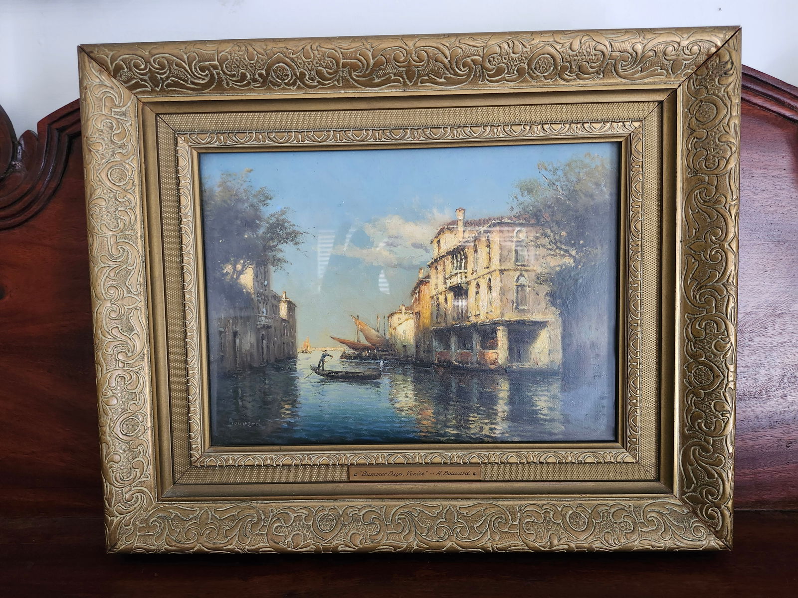 Oil on Canvas titled “Summer Days of Venice " by Antoine Bouvard: Oil on canvas by A.Bouvard titled “Summer Days of Venice”. Under glass. Antoine Bouvard was a French landscape artist who notably often painted under the pseudonym Marc Aldine. Bouvard remains