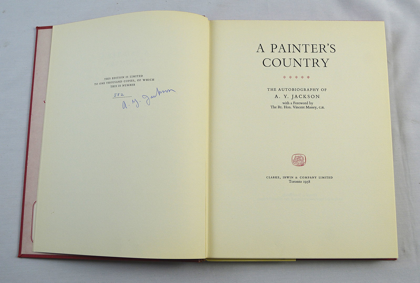 First Edition Signed Autobiography of A. Y. Jackson: First Edition Signed Autobiography of A. Y. Jackson. Limited run. Numbered 582/1000