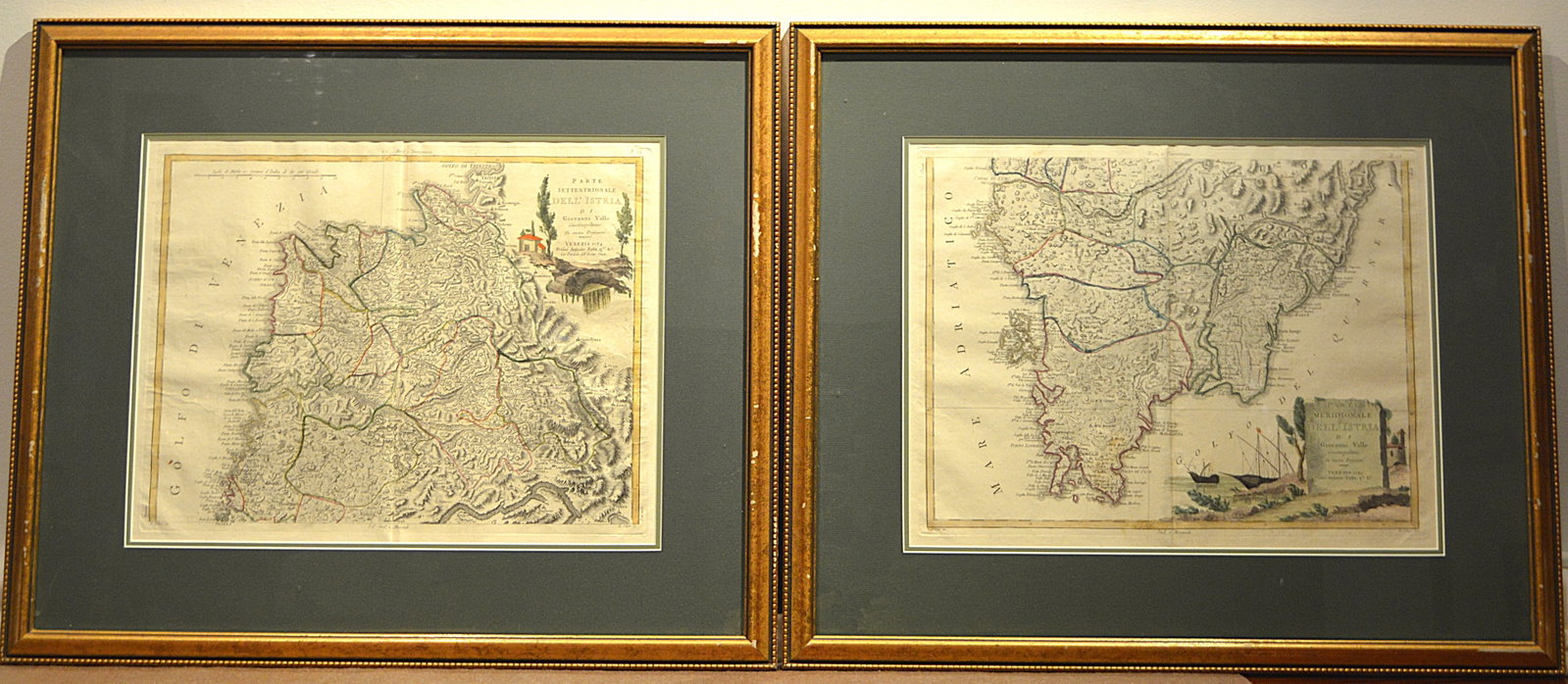 Pair of 18th Century Italian Coloured Maps: A pair of 18th century Italian maps mounted with frames. One is of Venice in 1784 by Giovanni Valle. One is of the area around the Gulf of Venice also by Giovanni Valle.