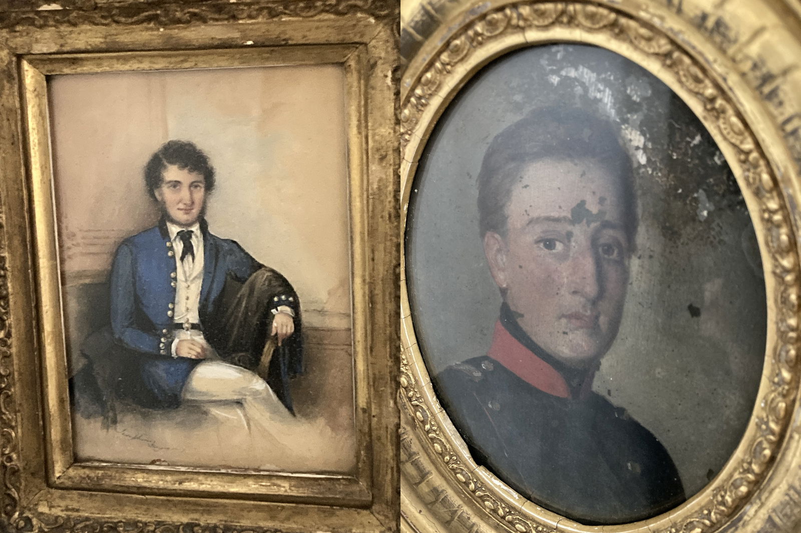 Two Antique Miniature Portraits: Two Antique Miniature Portraits. Oil on Board. Oval frame measures: 11 inches high by 9.5 inches wide.Rectangular frame measures: 13.5 inches high by 11.5 inches wide.