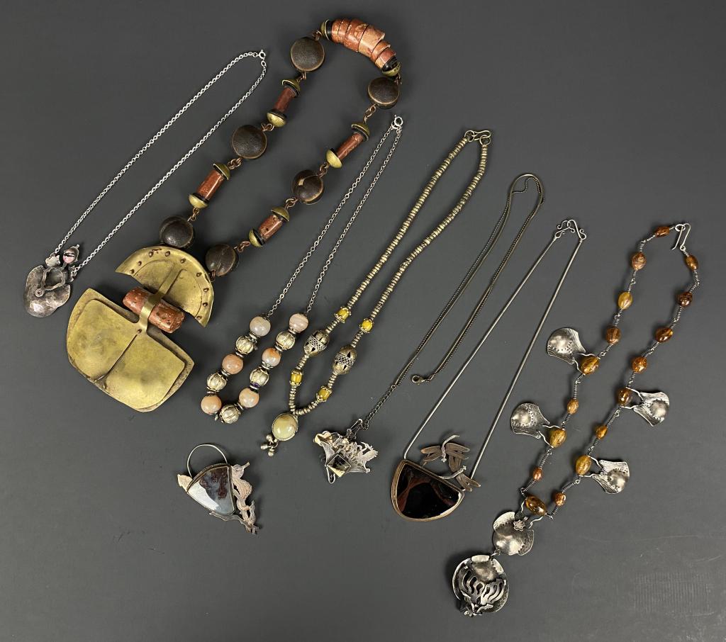 (7) Pat Garrett Handmade Necklaces & (1) Brooch: Some Sterling & Some Signed