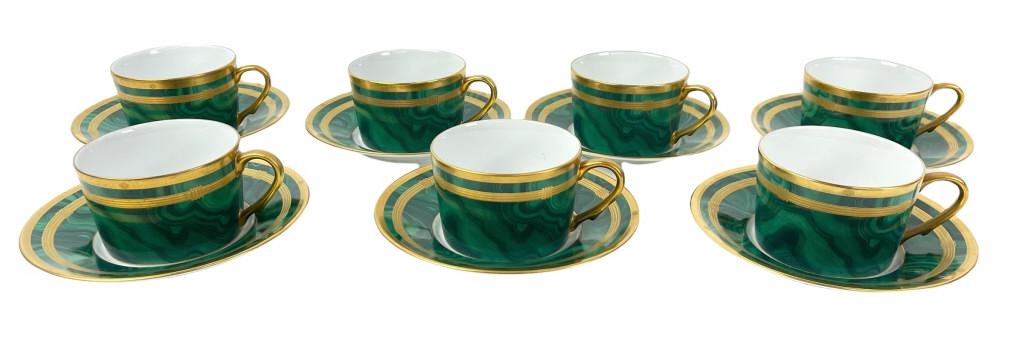 (7) Christian Dior Malachite Cups & Saucers: Good condition with no chips or cracks. Diameter of saucer: 6" Diameter of cup: 3.5"