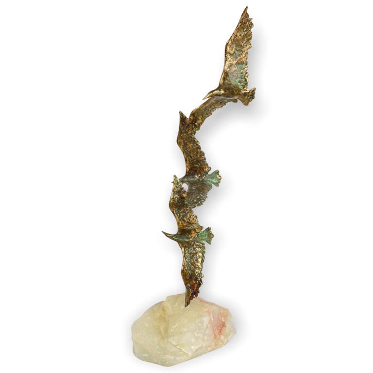 Curtis Jere MCM Bronze Sculpture Quartz Base: "Three Birds In Flight" 20.75" Tall x 8" Base
