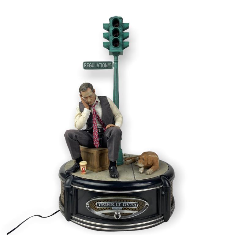 Sam Zell Automation Sculpture "Think It Over": Limited Edition Kinetic Music Box From 2010 #165/675 units produced by billionaire Sam Zell and given away to his closest friends and associates as New Year's gifts with his personal message recorded.