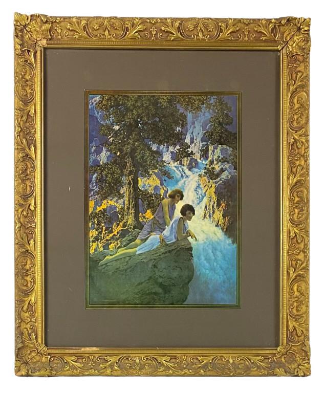 Antique Maxfield Parrish Print "Waterfall" c. 1930: Frame 24"x19" Appears to have minor repairs to bottom of frame.