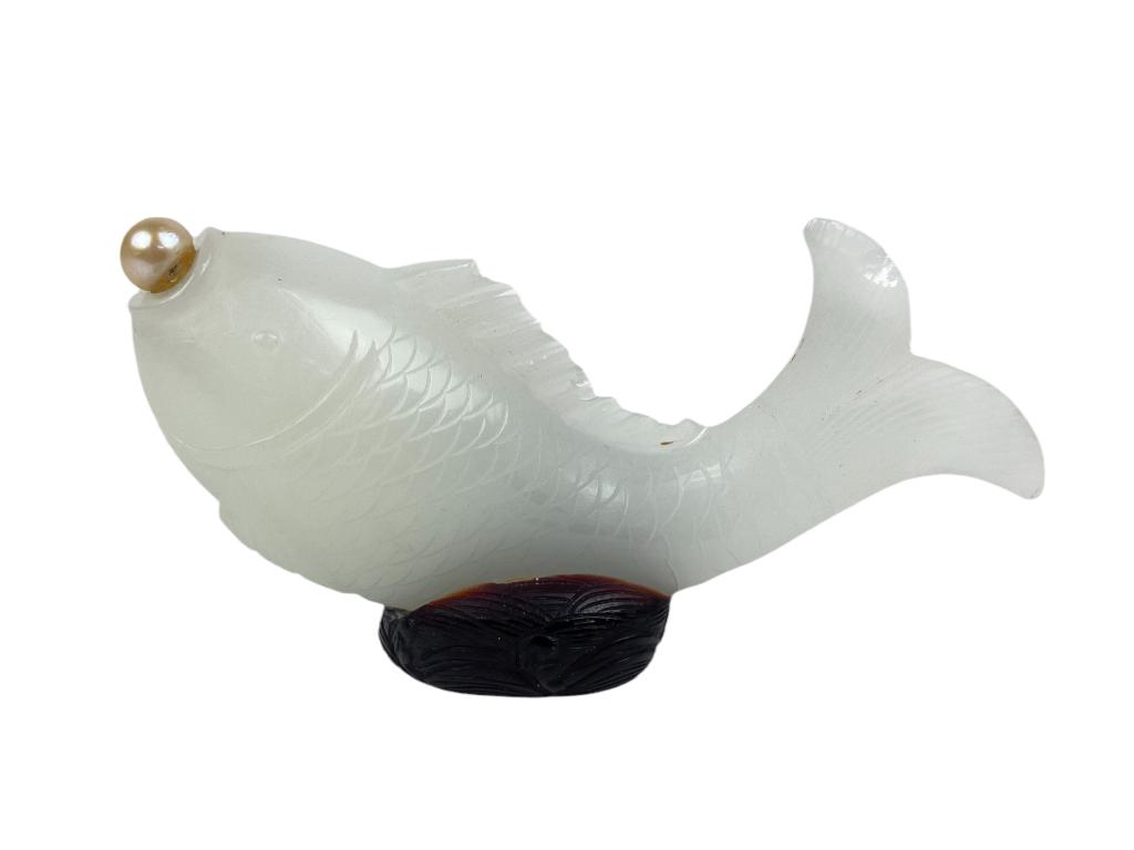 Chinese Glass Snuff Bottle: 3"W Small chips to tail & fin as seen in the photo.