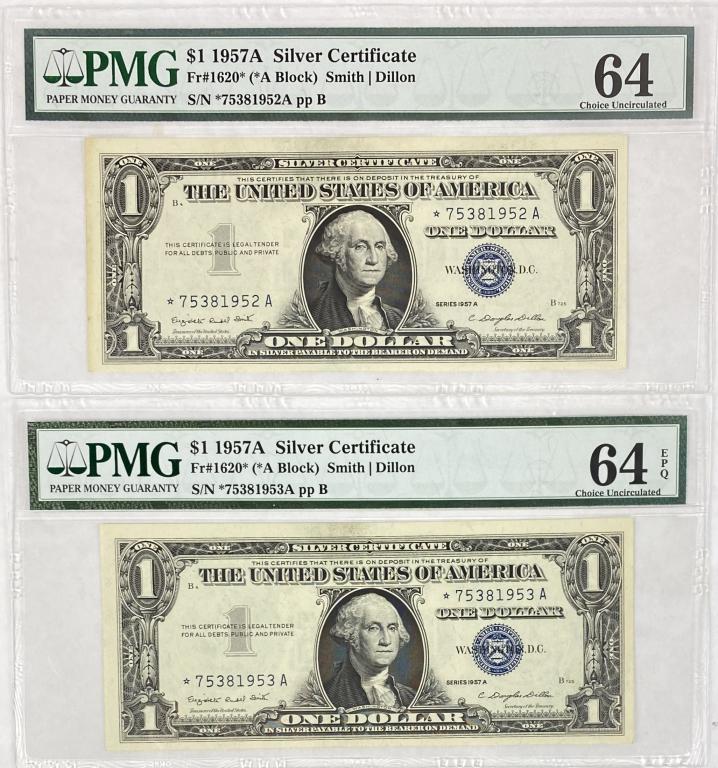(2) 1957-A Silver Certificate STAR NOTES PMG 64 (1 of 2)