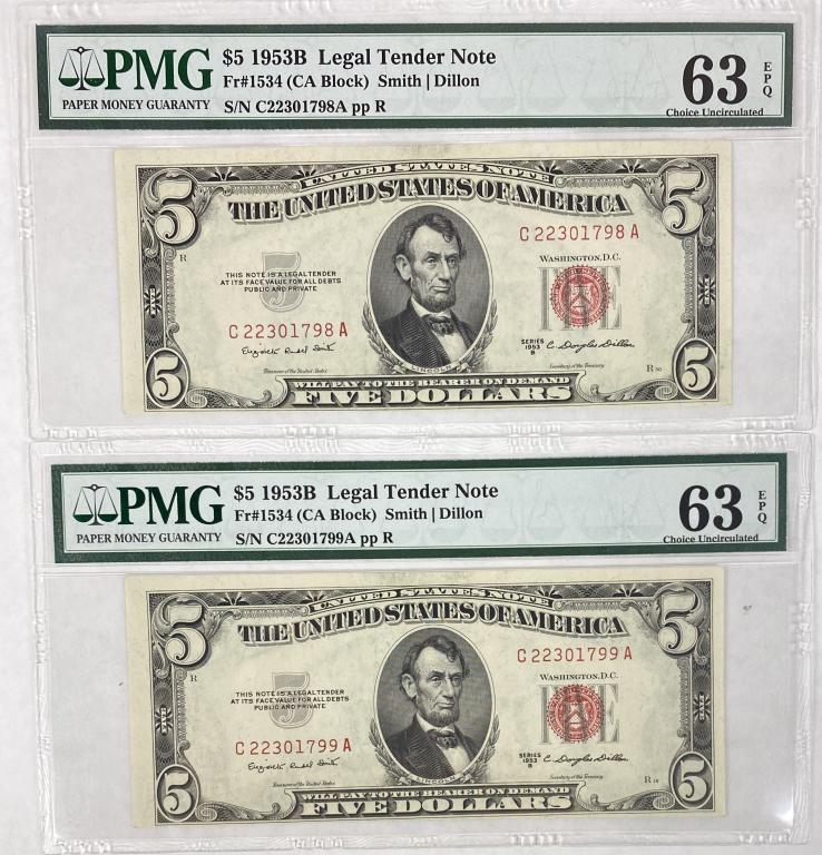 (2) Consecutive 1953-B $5 US Legal Tender Notes (1 of 2)