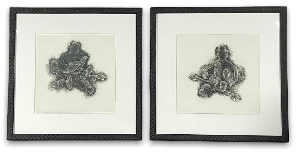 (2) Tom Otterness "Educating The Rich" Etchings: Signed T.O. LR Good condition. Frame: 19"x19". Image: 11 1/2"x11"