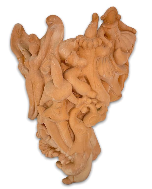 French Terracotta Sconce "Circus": Signed on back. Made in France. Repaired. Cracks seen throughout on back. Height: 17 1/2". Width: 13".