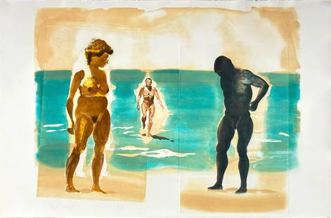 Eric Fischl Aquatint Etching Beach Scene 1989: Hand Signed, Dated and Numbered 33/100 Sheet 35.5" x 54" Frame 43.5" x 62" Very light foxing to upper right as photographed.