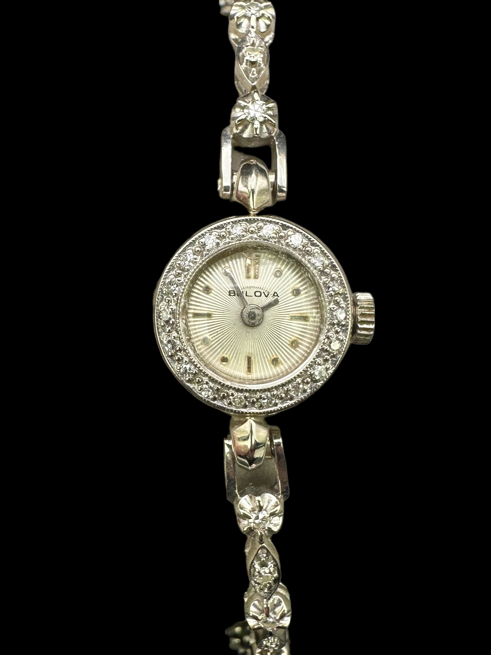 Bulova 14K White Gold & Diamond Ladies Watch: Both watch and band marked 14K with diamonds. Total weight including band 12.3g Not running when tested