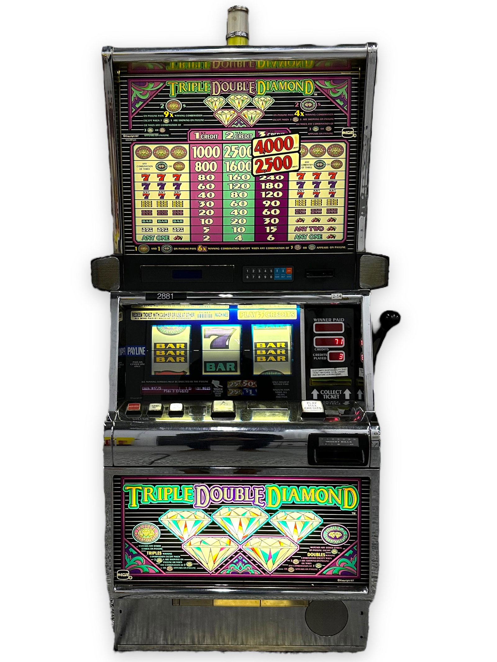 Triple Double Diamond 3 Reel Slot Machine: Back lit reels. Working order and comes with keys. Height: 50" Width: 25" Depth: 20"