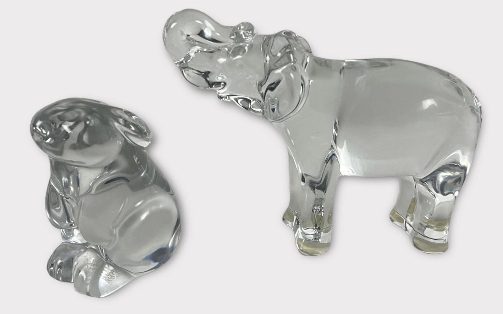 Baccarat Crystal Elephant & Bunny Figurines: Both good condition, no chips or cracks seen. Elephant: 4" T x 5" L