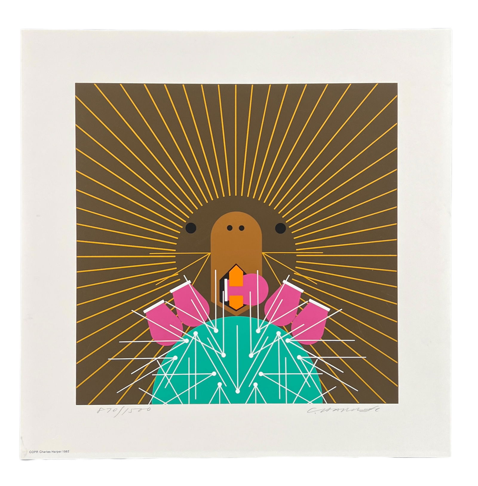 Charley Harper "Prickly Pair" Serigraph: Comes with sleeve & COA. Hand signed and numbered 870/1500. Unframed: 16"x16"
