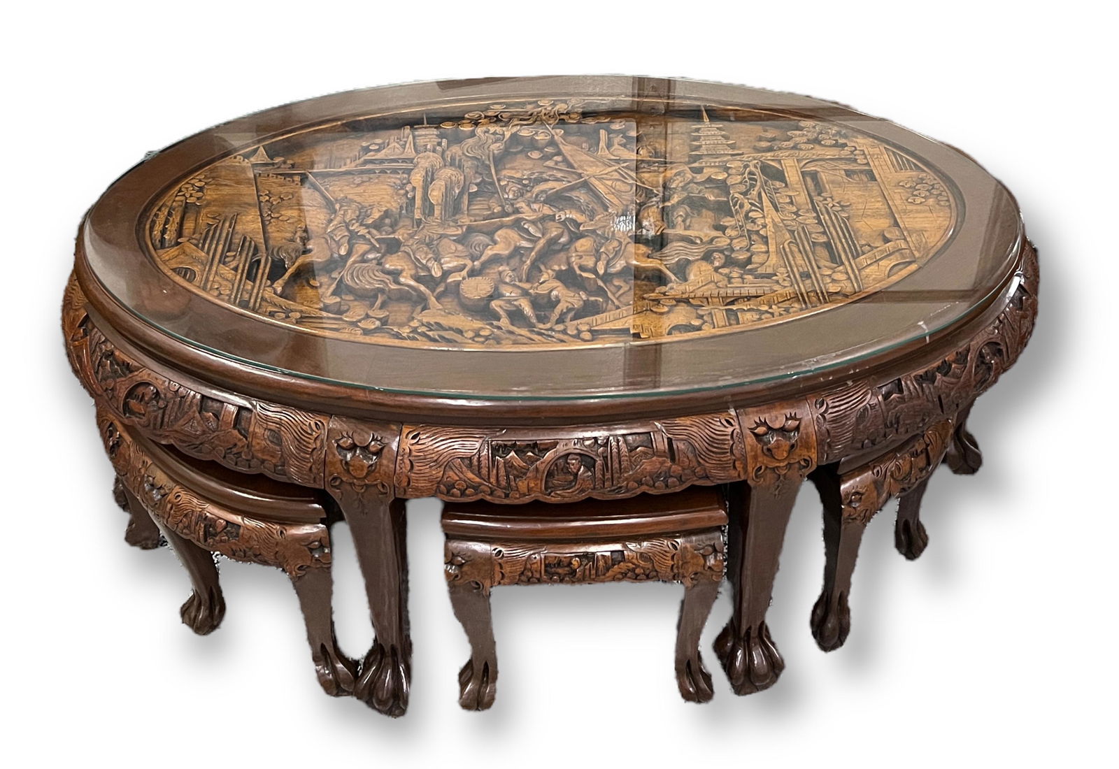 Hand carved coffee table with glass top best sale