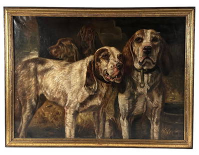 After Henry Rankin Poore Bear Dogs Oil on Canvas: Winchester Advertisement. Image: 26"x36" Frame: 30"x39" Signed lower right. Some minor paint loss to left side and above right dogs eyebrow.