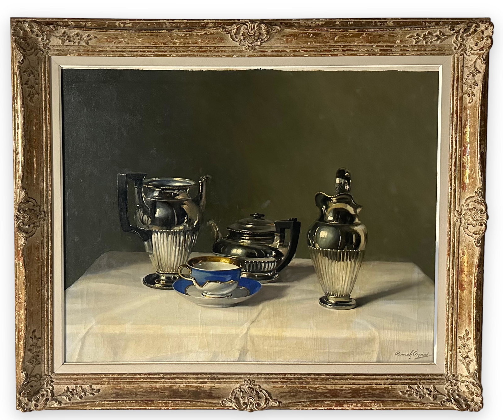 Arpad Romek 'Still Life of Silver' Oil on Canvas: Image: 24"x29" Frame: 31"x36" Frame and image in good condition.