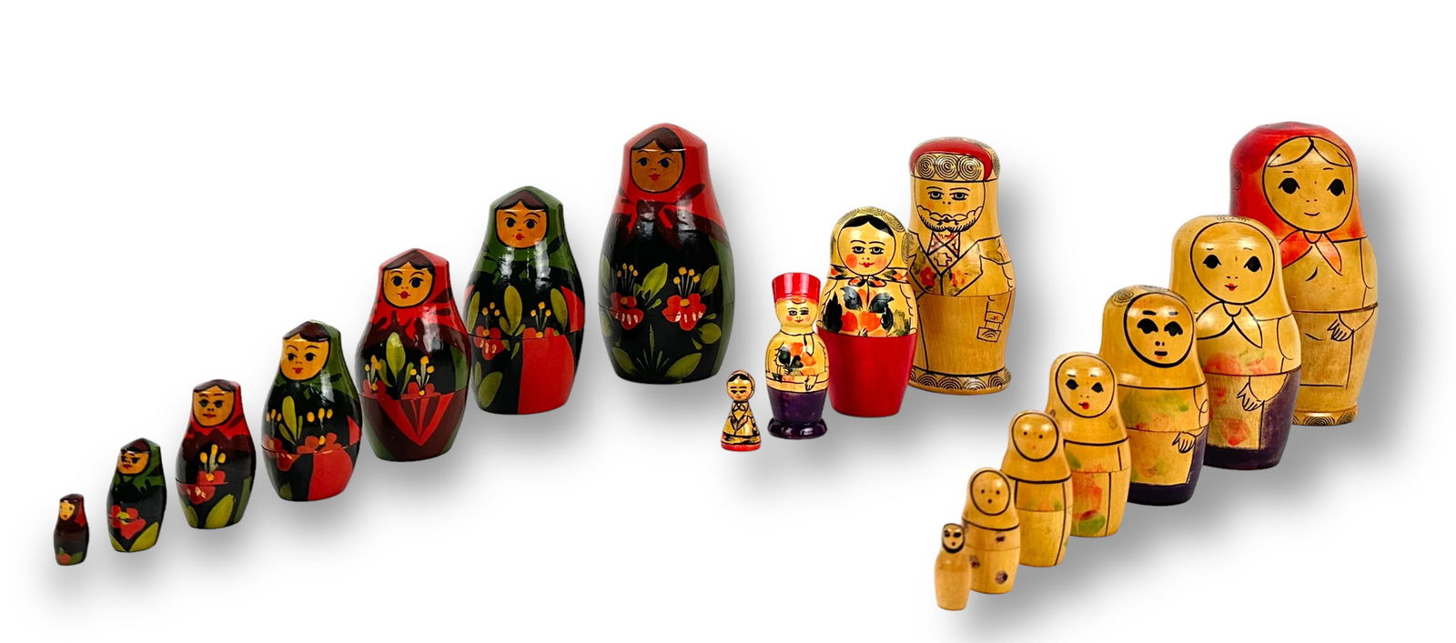 (3) Russian USSR Nesting Dolls: Tallest doll measures 6" Two outer dolls have minor cracks as seen in photos.