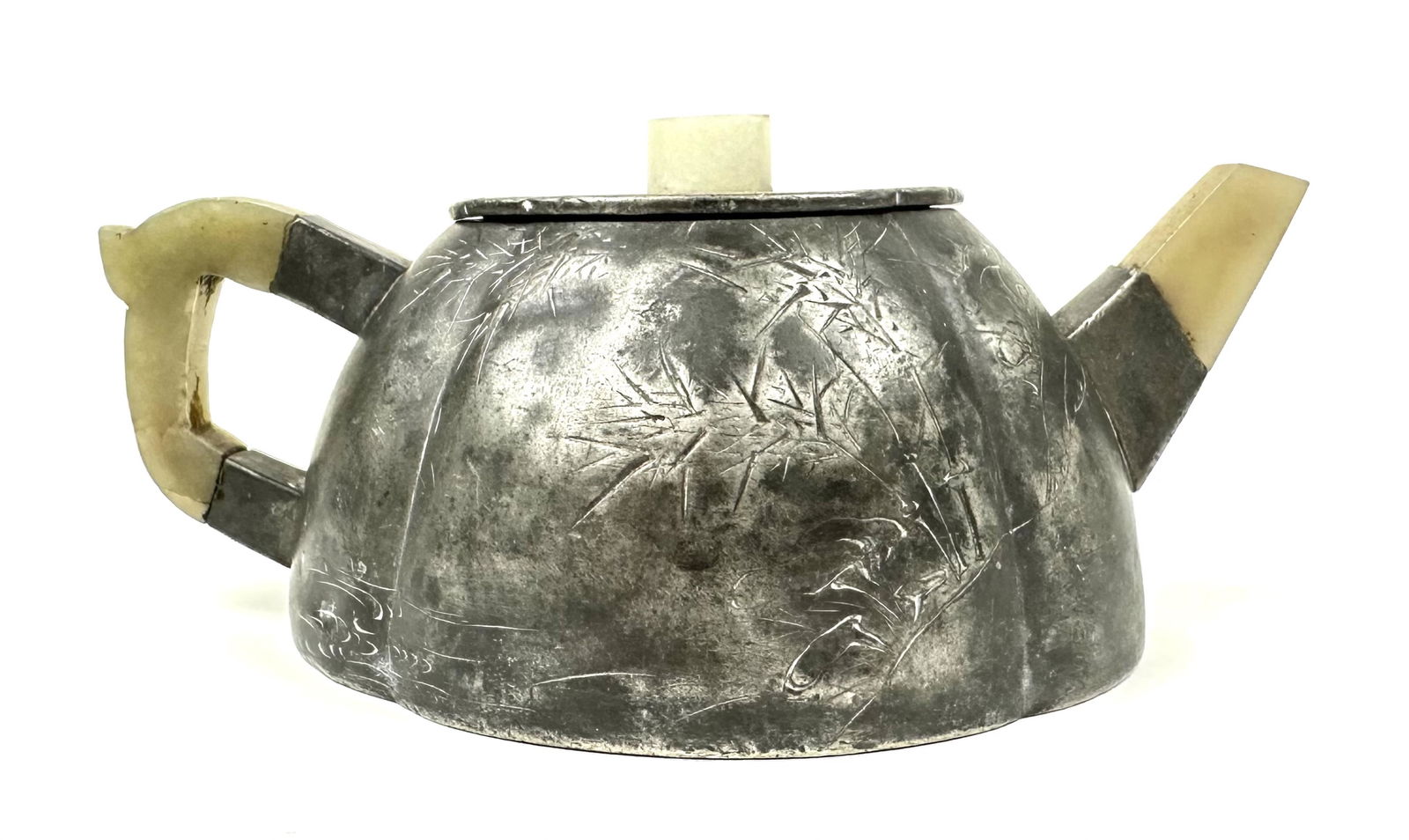 Antique Chinese Pewter & Jade Teapot (1 of 5)