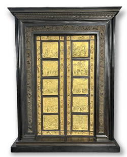 "The Gates of Paradise" Gilded Bronze Sculpture: This piece is VERY HEAVY weighing over 100 lbs. Height: 29" Width: 22" Depth: 7" This large multi-media sculpture is an exquisite replica of the infamous original doors by Lorenzo Ghiberti in