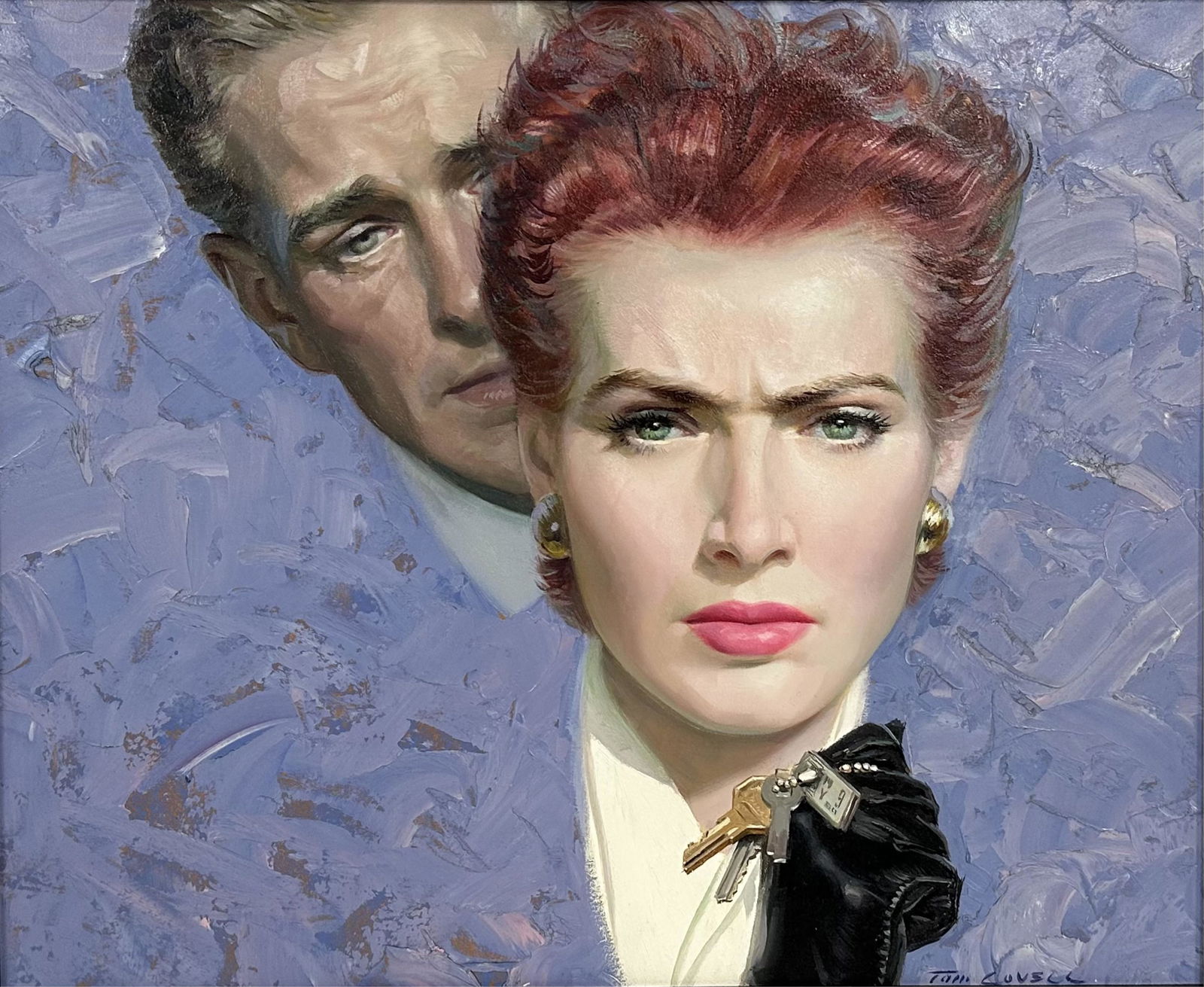 Tom Lovell "Dependable Man" Oil on Board: Painting seen in Woman's Home Companion 1953. Image:13"x16.5" Tom Lovell (1909 - 1997) was active/lived in New York, New Mexico. Tom Lovell is known for Western genre painting, magazine and pulp illus