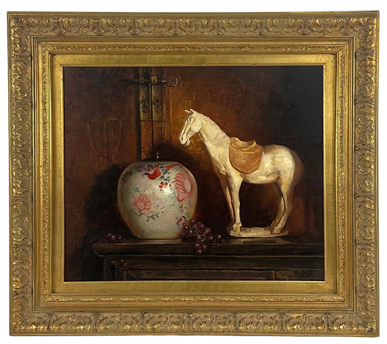 Jie Wei Zhou Still Life Oil on Canvas: Signed lower right. Image: 20"x24" Frame: 29"x33" Image and frame are in good condition.