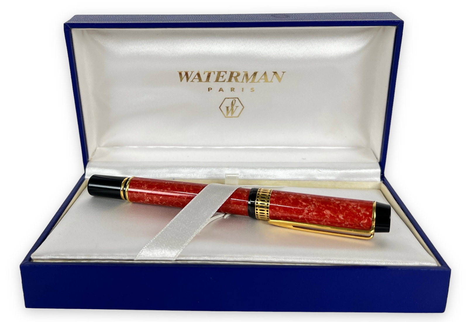 Waterman Patrician Red Marble Fountain Pen: With box & paperwork. 18k gold M Nib. 5 5/8" Length. Pen is in very good condition but has been inked.