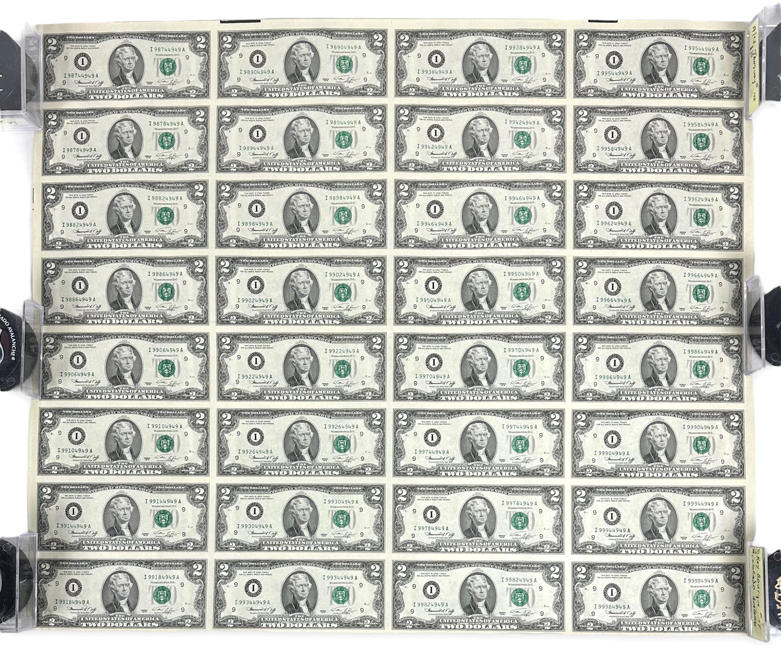 Uncut Sheet Of (32) 1976 Minneapolis $2 Bills (1 of 2)
