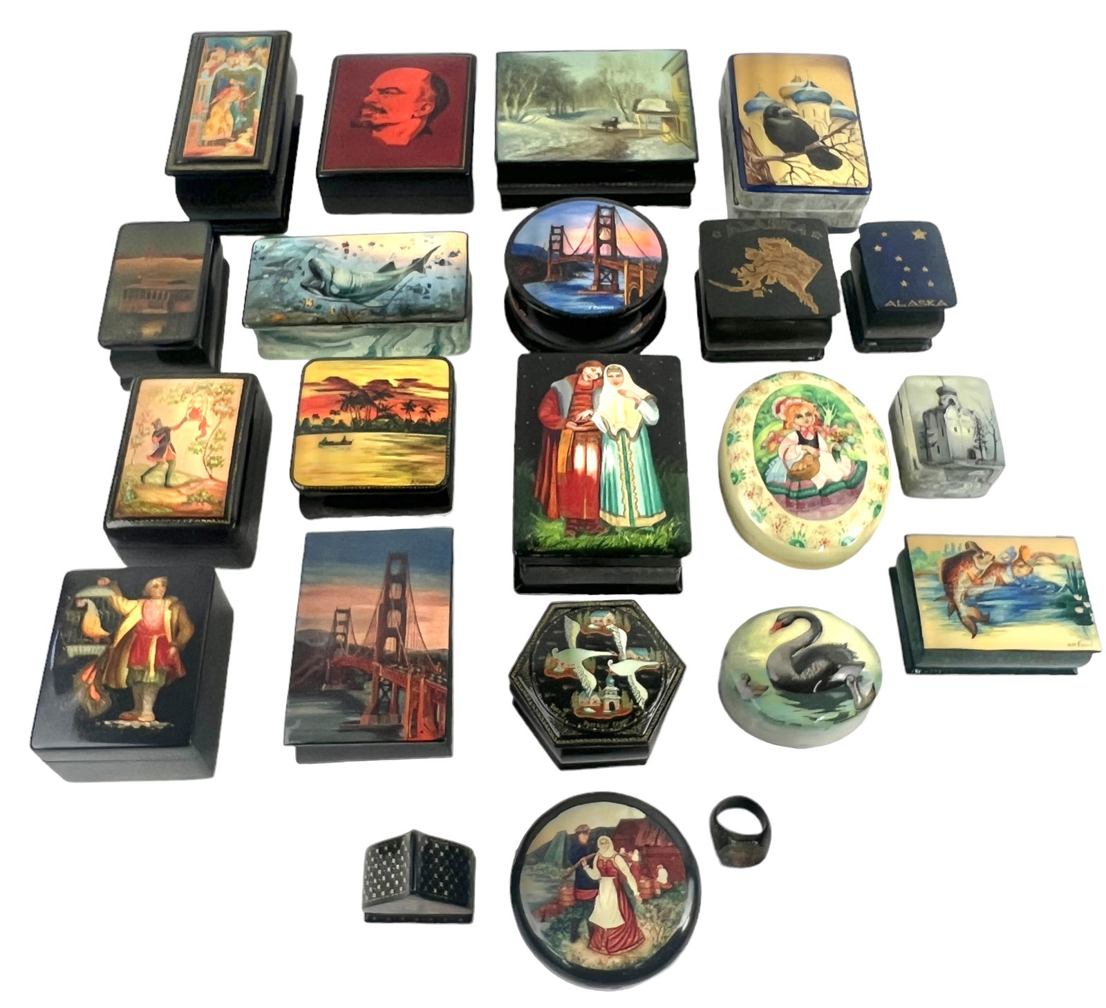 (21) Small Russian Lacquer Boxes & (1) Ring (1 of 13)