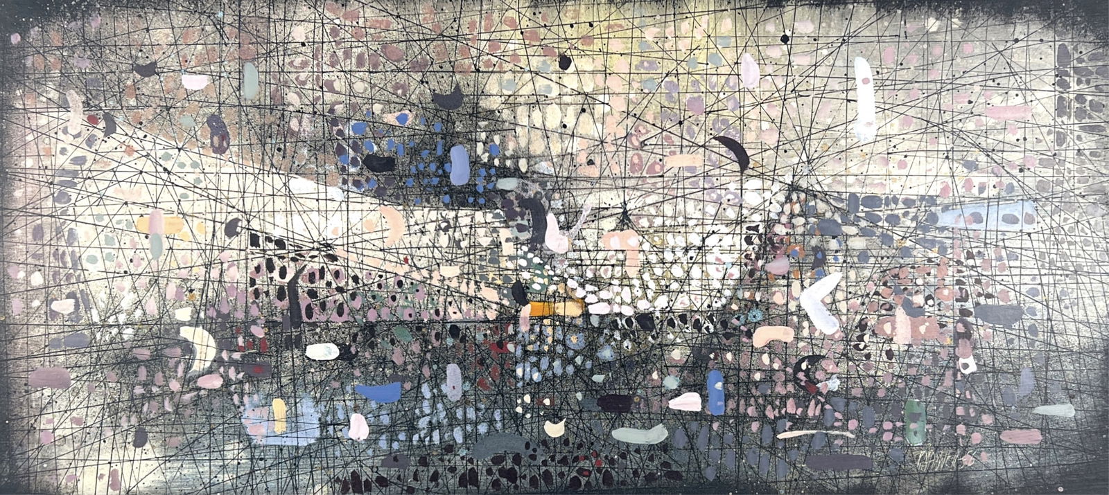 Paul Maxwell Oil on Board 1956: Image: 13" x 28" Frame: 18" x 33" Condition: There are nicks and wear to the frame, as well as some wear on the corners of the board. See last photo.