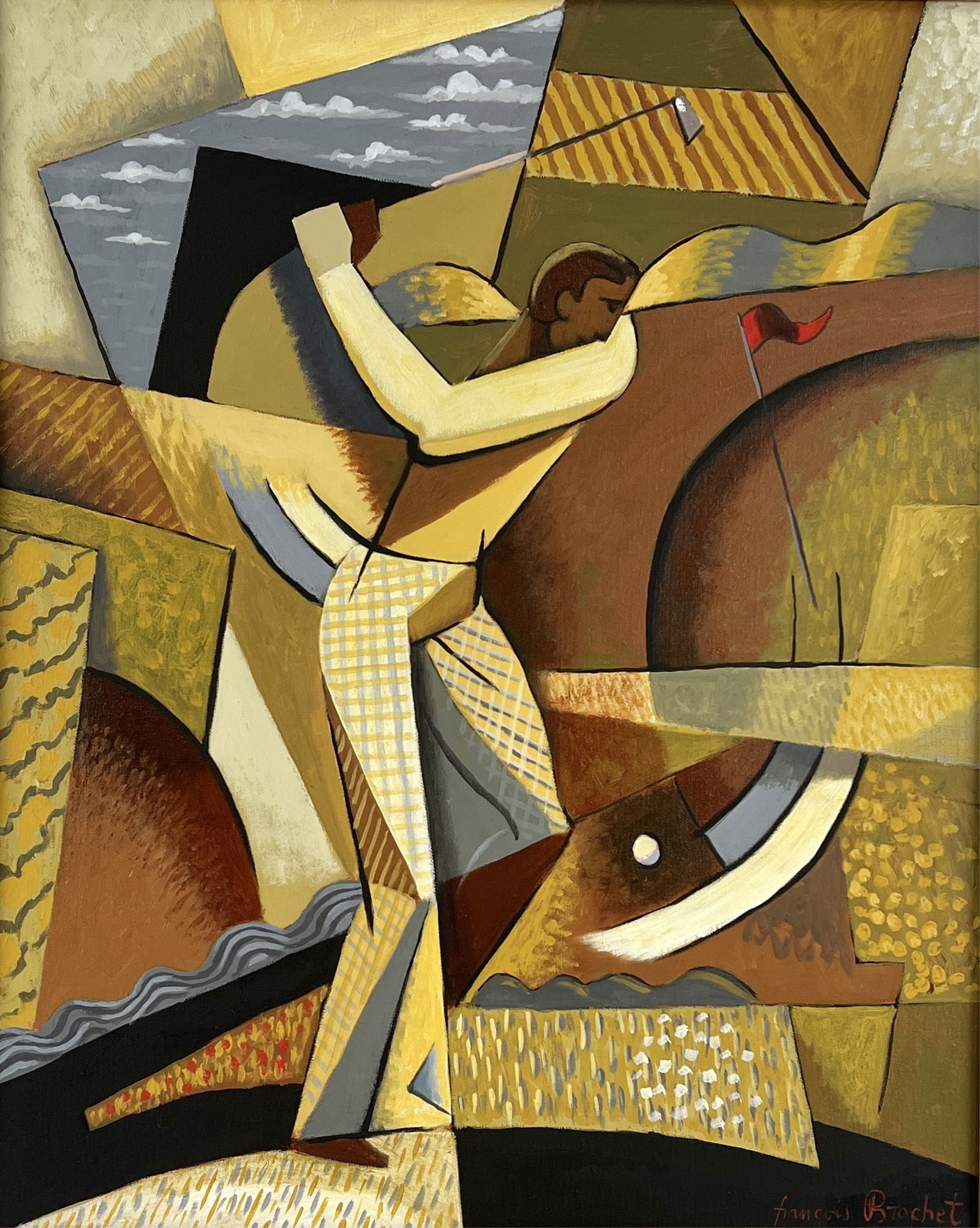 Francois Brochet "Le Golfeur Solitaire" Oil Canvas: Image: 28 1/2" x 23 1/2" Frame: 32" x 27" Condition: Image in very good condition, no issues seen. Fran?ois Brochet (3 January 1925 ? 10 August 2001) was a French sculptor, painter, and printer. Throu