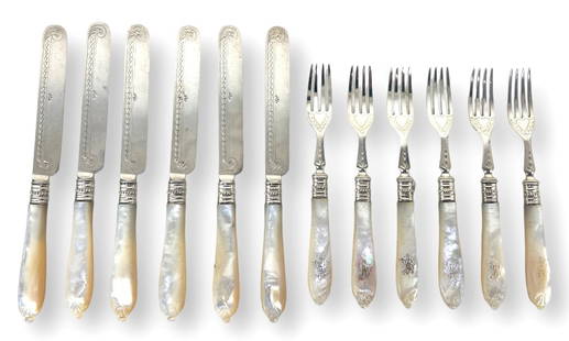 (12pc) Martin & Hall & Co. Sterling & MOP Flatware: Handles Mother Of Pearl and Blades/Tines Sterling Total Weight including handles 12 ozt Size: Knife Length 7 1/2" and Fork Length 6 1/4" Condition: good vintage condition with normal surface scratches