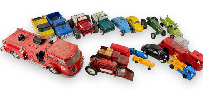 Large Group Of Vintage Toy Vehicles: Includes Tonka, Buddy L, Nylant, and more. For size reference, large fire truck measures 26" Long. Please see the photos for details.