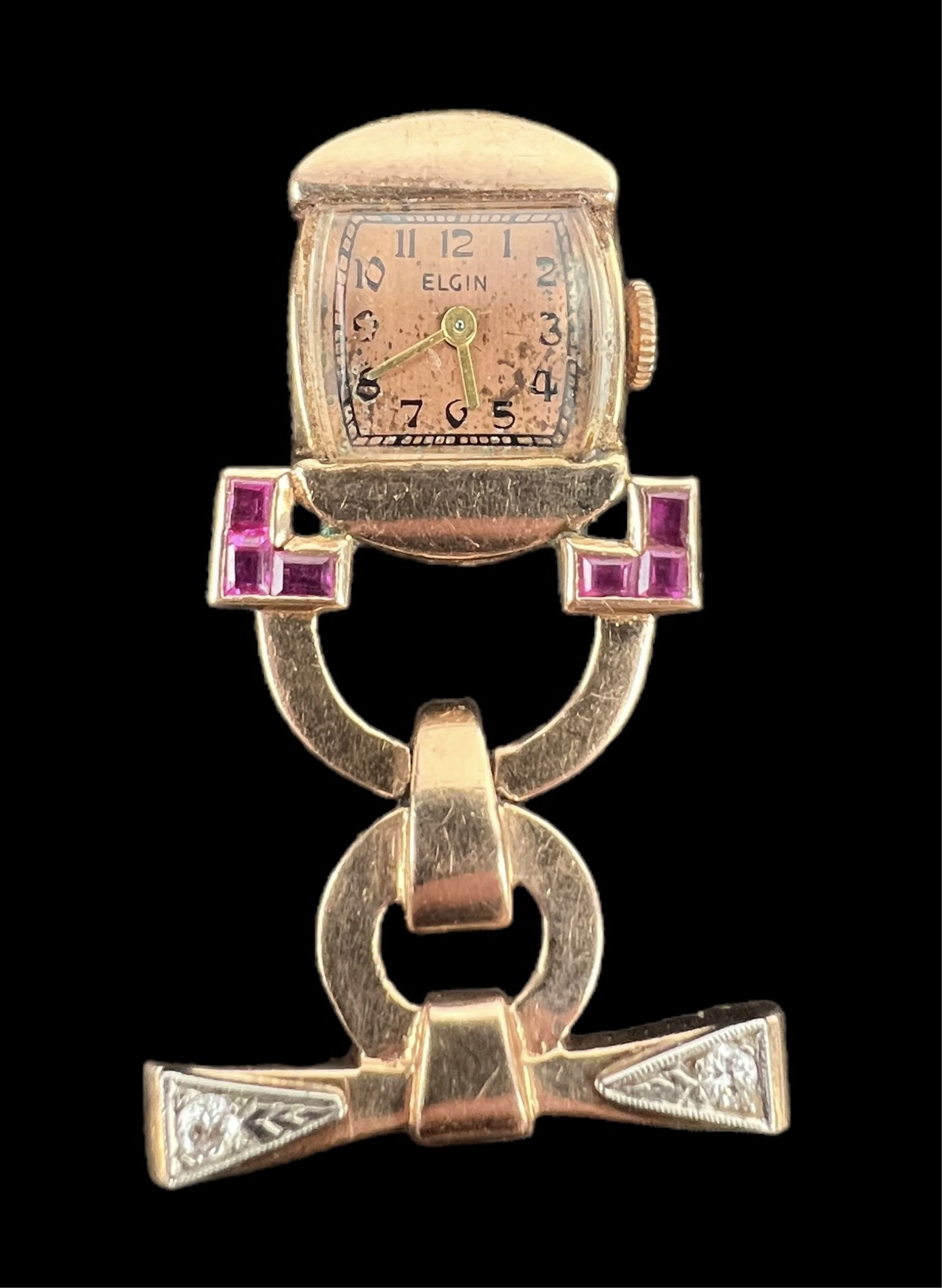 14K Gold Diamond & Ruby Elgin Watch Brooch (1 of 5)