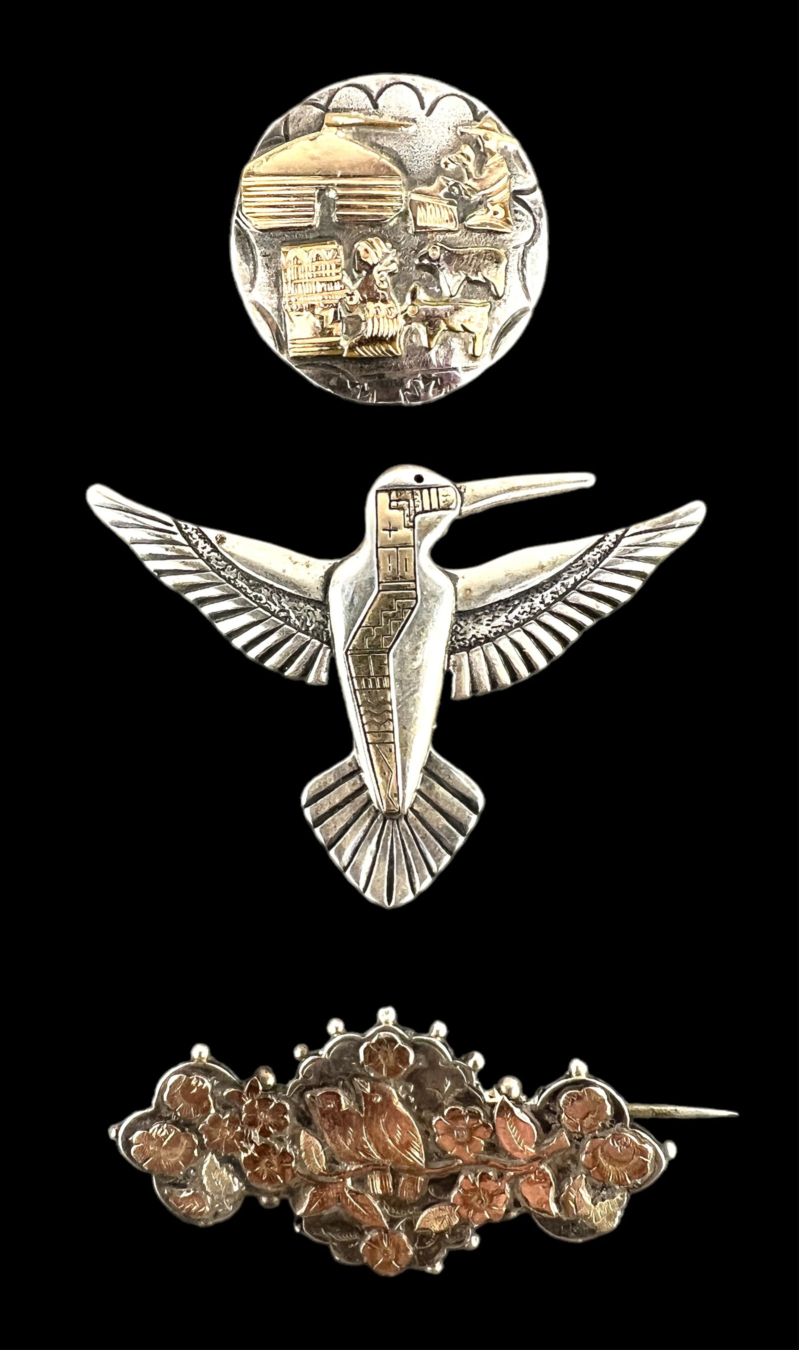 (3pc) 14K Gold & Sterling (2) Brooches (1) Pendant (1 of 11)