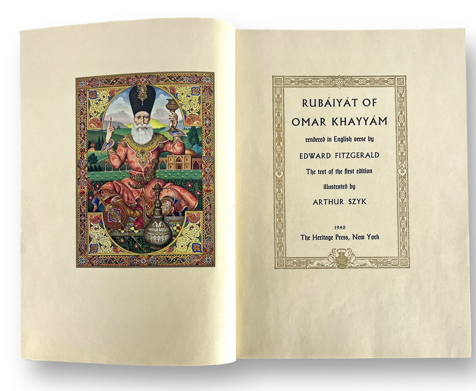 Book Of Rubaiyat Illustrated By Arthur Szyk: Leather Bound Book Rubaiyat Of Omar Khayyam Rendered In English Verse By Edward Fitzgerald 1940 Heritage Press Edition with illustrations by Arthur Syzk Size: 11" x 8 1/4"