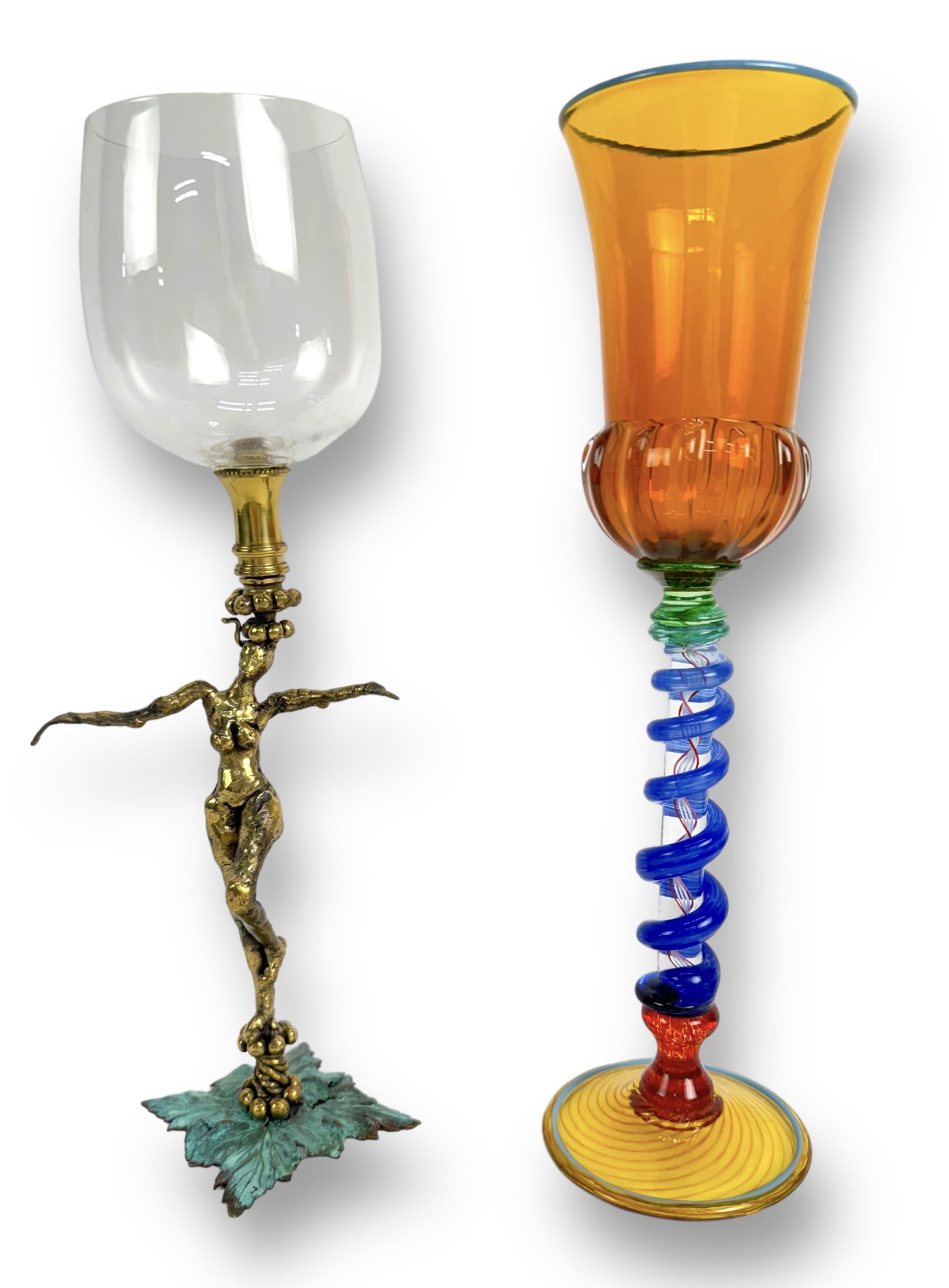 (2) Wine Glasses Signed Illegibly: Size of yellow and blue glass: 12" tall x 3" wide at lip Condition: Very good. No chips or cracks.