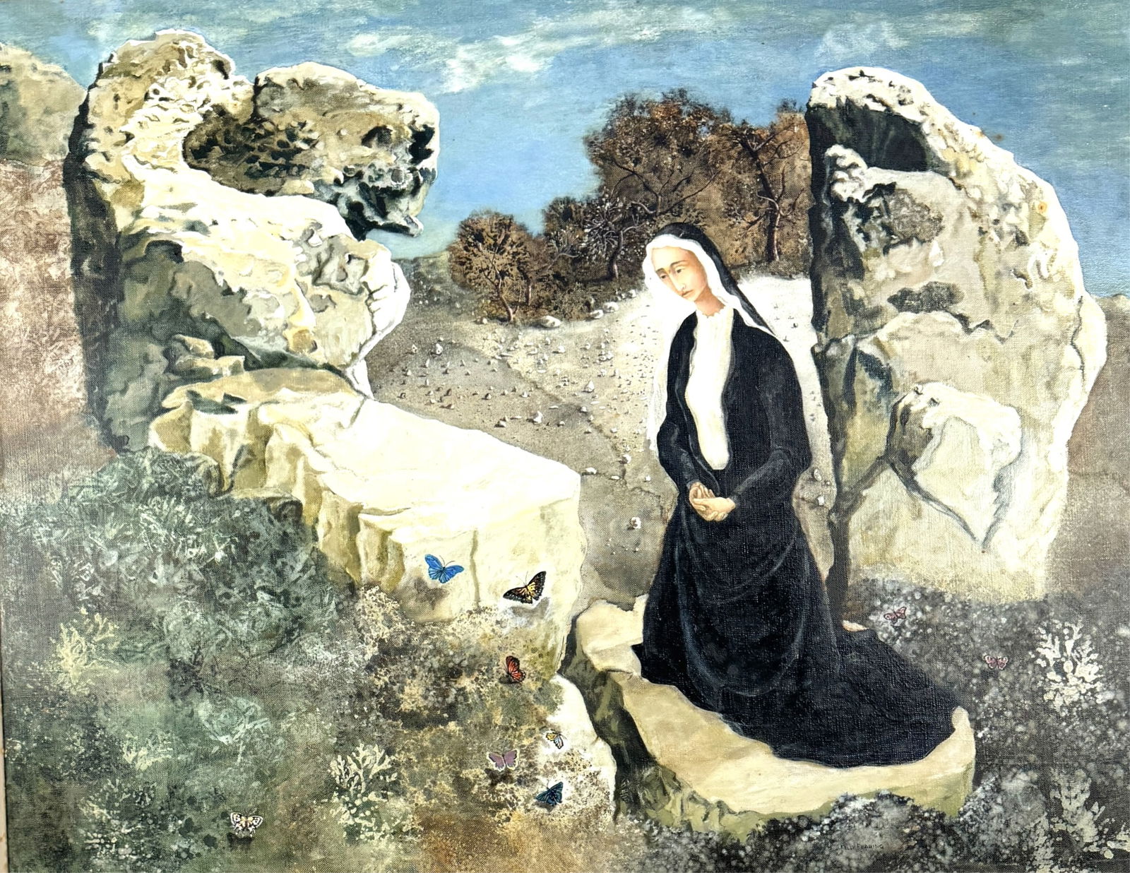 Kelly Fearing "Saint Rose" Oil on Canvas: Image: 22" x 28" Frame: 33" x 39" Condition: Image is in very good condition. Fillet has some visible residue. See photos.