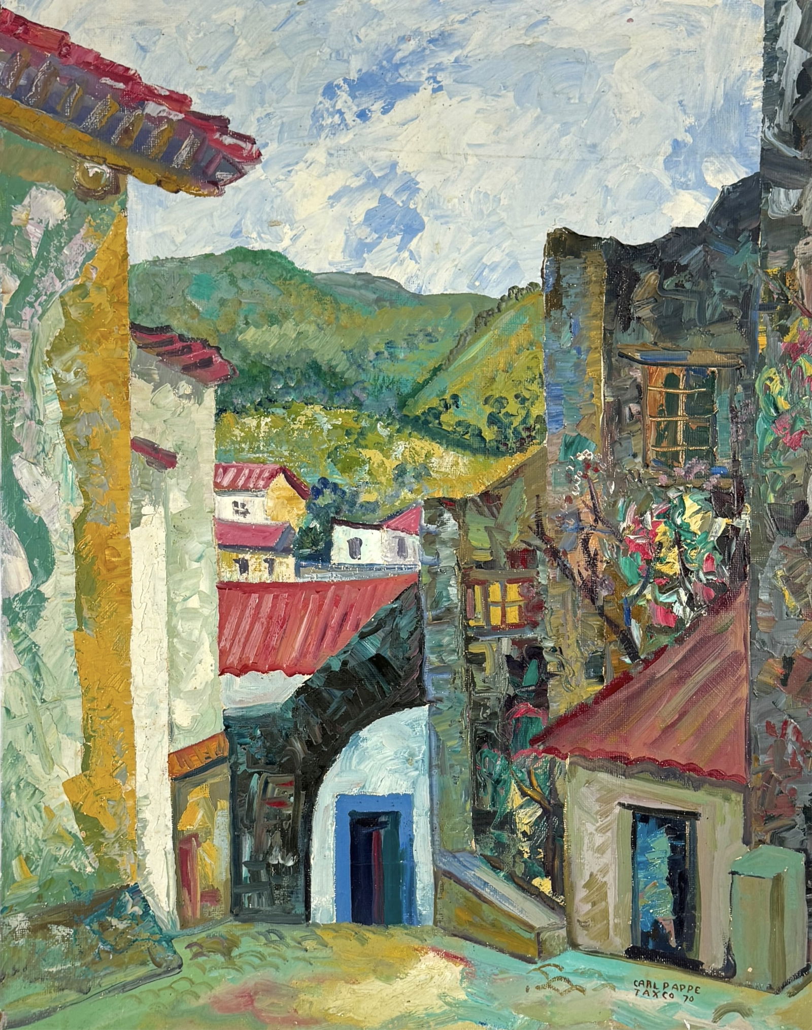 Carl Pappe Oil on Board 1970: Unframed: 30" x 24" Condition: Image is in very good condition. Board has nails sticking out in several spots.