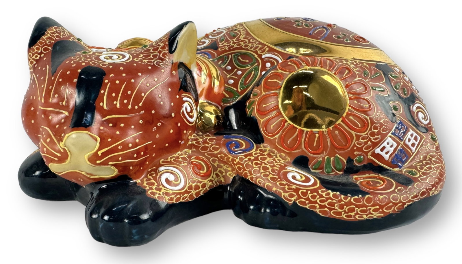 Japanese Kutani Moriage Sleeping Cat: Size: 3" tall x 6 1/2" long x 4 3/4" wide Condition: Very good. No chips or cracks.