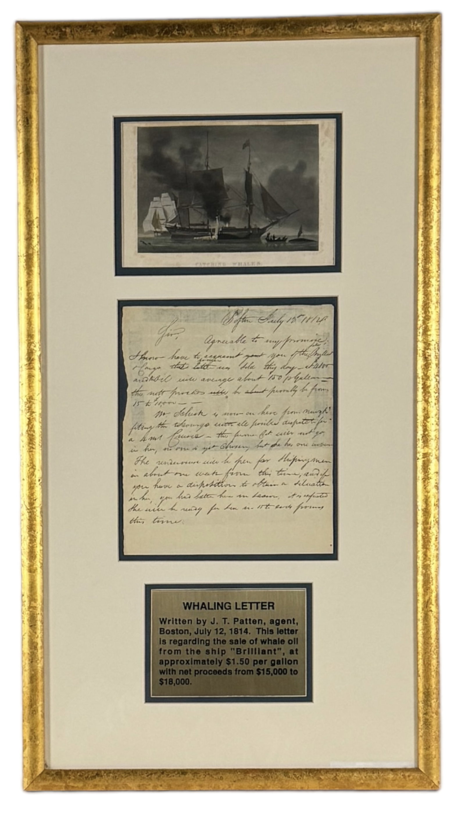 J.T. Patten Whaling Letter 1814: Size: 3 1/2" tall x 4" deep x 4 7/8" wide Condition: Slight discoloration and light wear consistent with age and use.