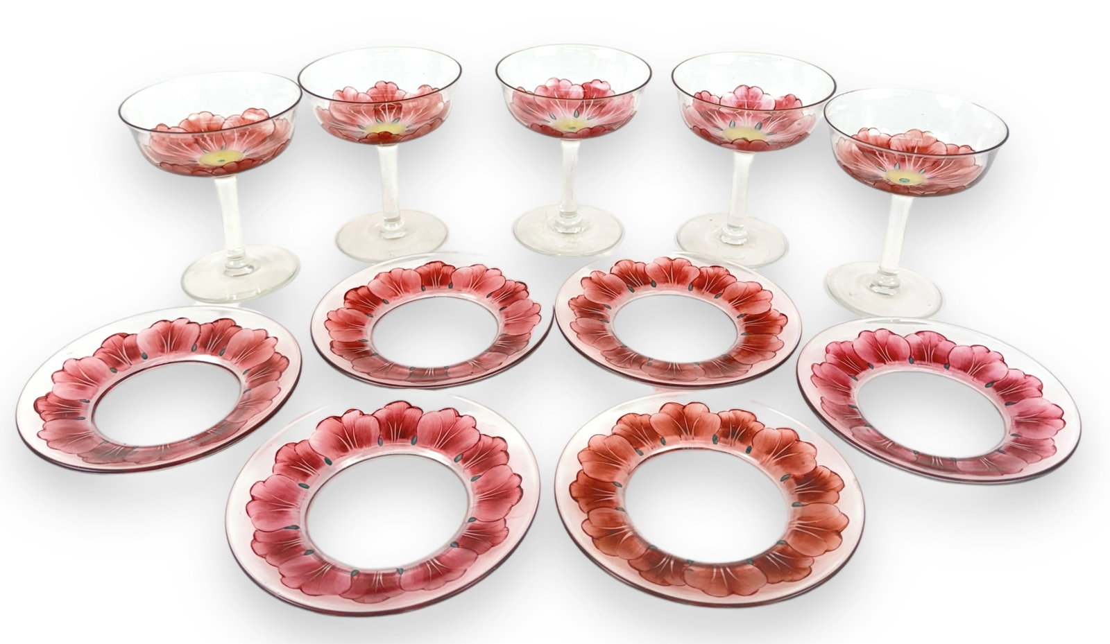 (11) Antique Jugendstil Cocktail Glassware: Hand painted floral design. Size of glasses: 4 3/8" tall x 3 3/4" across (at lip) Size of plates: 5 1/8" across Condition: Very Good