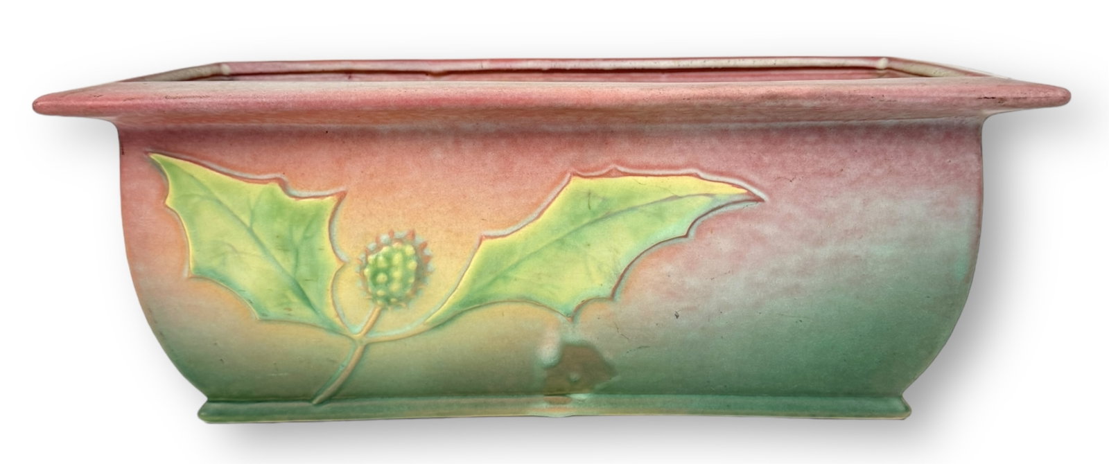 Roseville Pottery Window Box Thornapple Motif: Size: 6 1/4" tall x 7 3/4" deep x 16 3/4" wide Condition: Minor crazing. See photos.