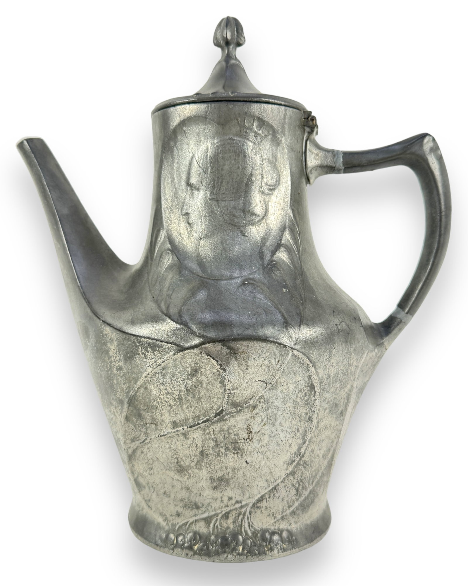 Kayserzinn German Pewter Pot: Size: 9" tall x 8" long x 4 1/4" wide (at widest) Condition: Natural patina. See photos.